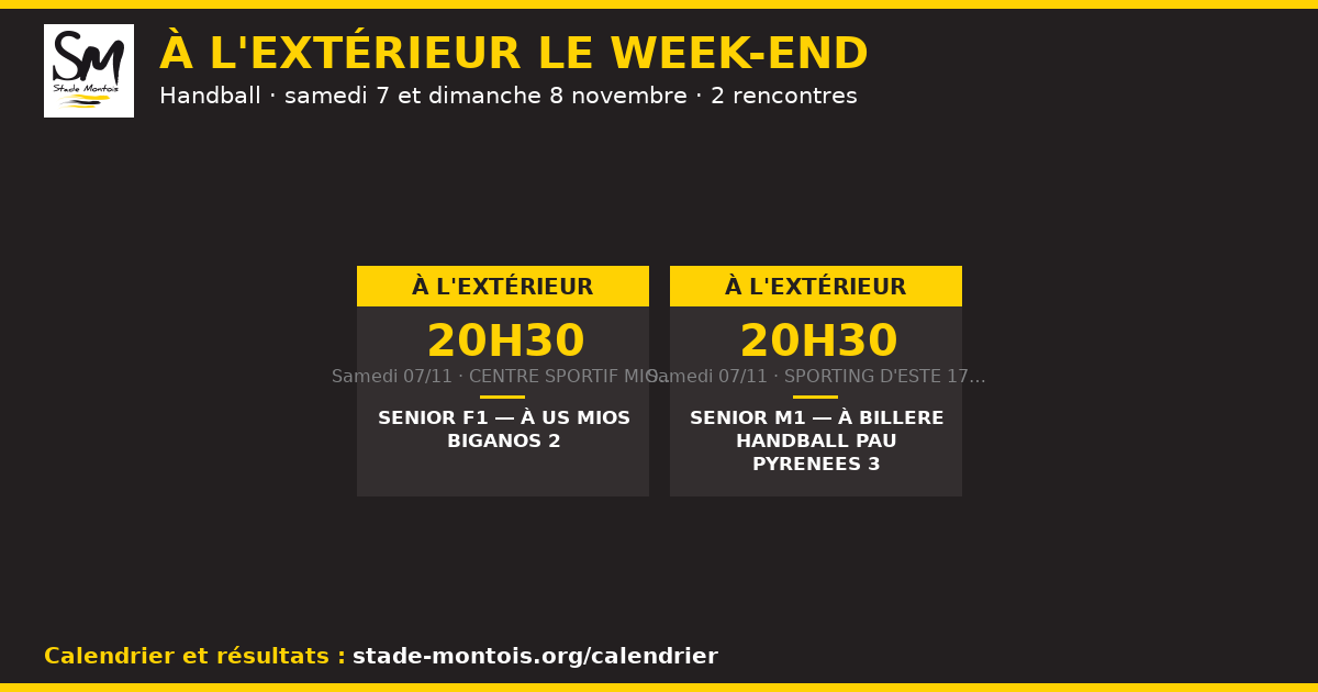 Les rencontres à l'extérieur du Stade Montois le week-end des 7 et 8 novembre — Handball