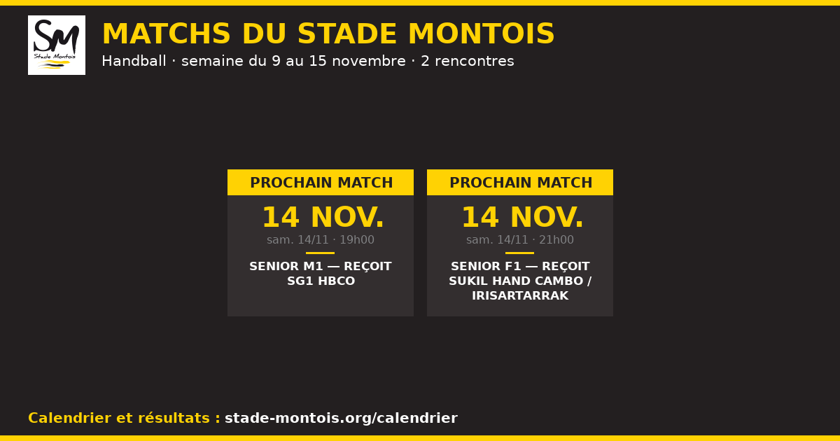 Les matchs du Stade Montois, semaine du 9 au 15 novembre 2026 — Handball