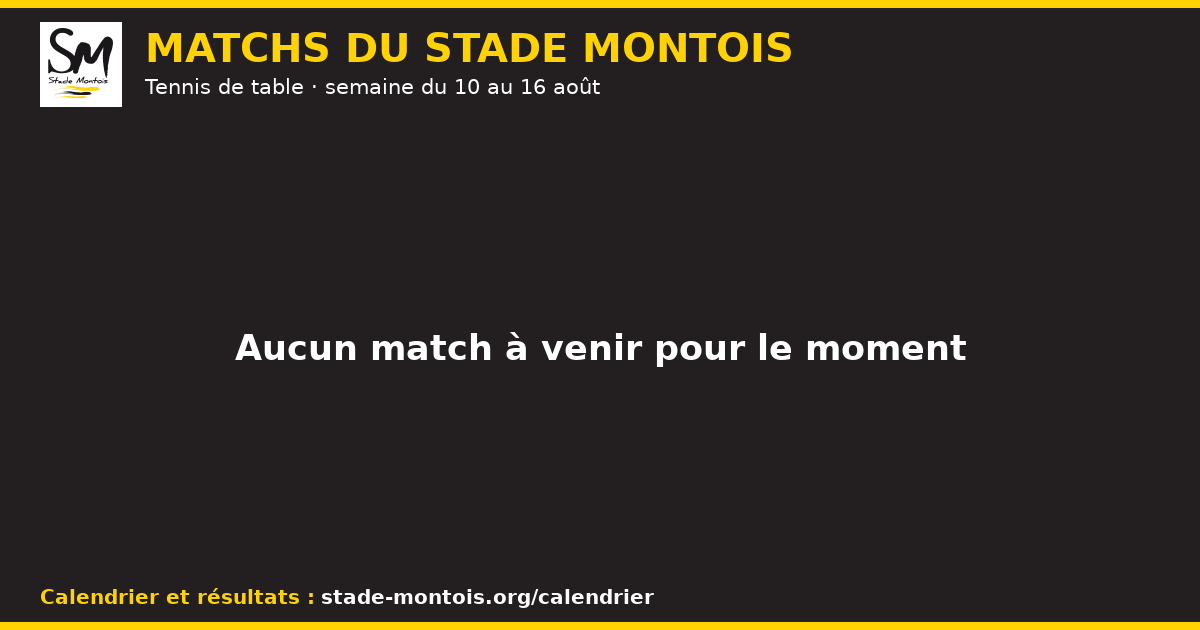 Les matchs du Stade Montois, semaine du 10 au 16 août 2026 — Tennis de table
