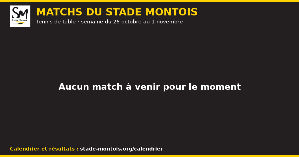 Les matchs du Stade Montois, semaine du 26 octobre au 1 novembre 2026 — Tennis de table