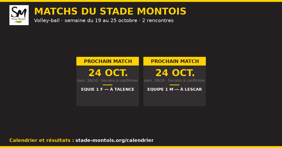 Les matchs du Stade Montois, semaine du 19 au 25 octobre 2026 — Volley-ball