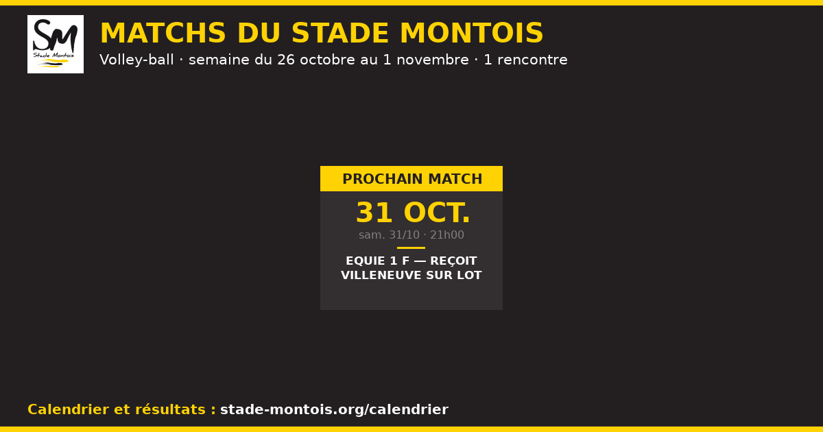 Les matchs du Stade Montois, semaine du 26 octobre au 1 novembre 2026 — Volley-ball