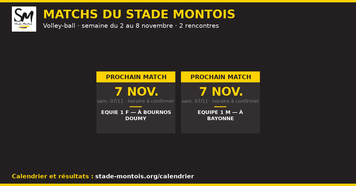 Les matchs du Stade Montois, semaine du 2 au 8 novembre 2026 — Volley-ball
